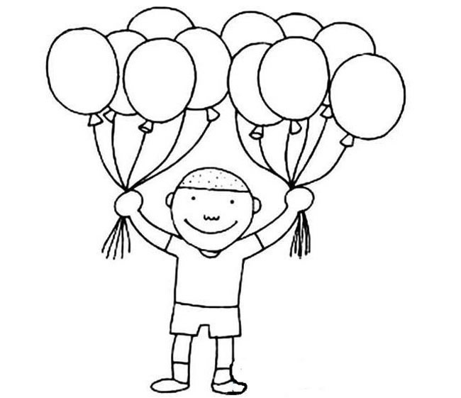 左右两只手拿着大把气球的小孩简笔画