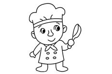 拿着勺子正在烹饪美味的小厨师人物简笔画步骤图片大全