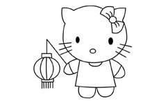 挑着一个可爱灯笼的卡通猫简笔画绘制步骤大全