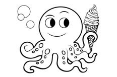 拿着一个冰淇淋的触手四处飞舞的小章鱼动物简笔画