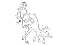 美丽女孩牵狗散步的简笔画