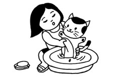 充满爱心的小女孩给猫咪洗澡简笔画
