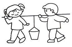两个努力抬水桶的孩子简笔画